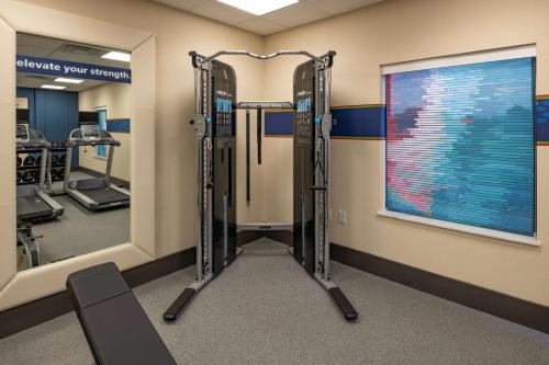 a gym with tread machines and a window at Hampton Inn & Suites Dallas/Plano Central in Plano