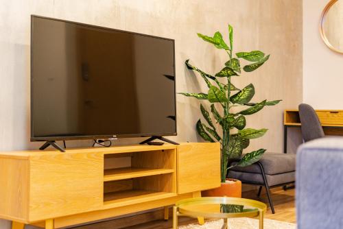 a television on a wooden stand in a living room at Condesa Cholula Lofts by VH in Mexico City