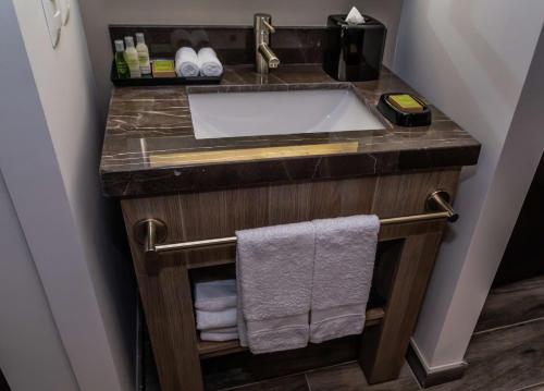 a bathroom with a sink and a towel rack at Hampton Inn & Suites By Hilton Puebla in Puebla