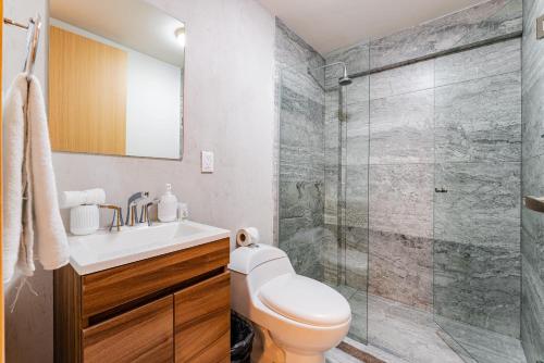 a bathroom with a shower and a toilet and a sink at Condesa Cholula Lofts by VH in Mexico City