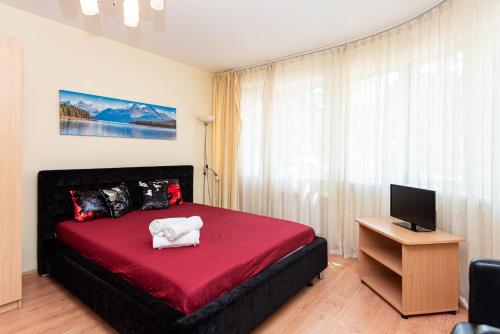 a bedroom with a red bed and a television at Palanga 777 - poilsio namai prie Birutės parko ir jūros in Palanga