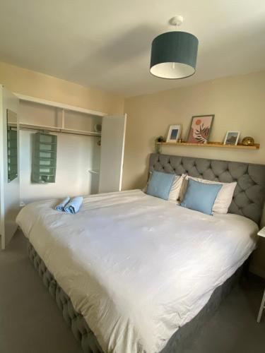 a bedroom with a large white bed with blue pillows at Cozy bedroom in shared accommodation with free parking in Edinburgh