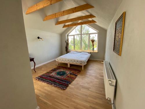 an attic room with a bed and a window at Drustu atpūtas nams Magazīna in Drusti
