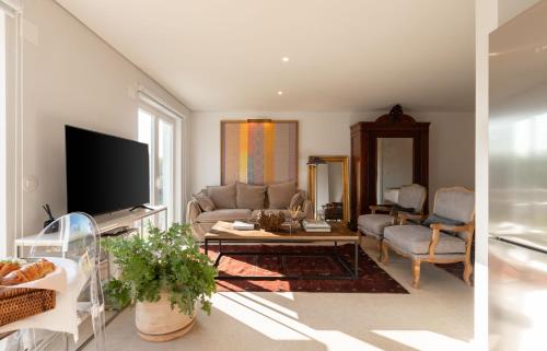 a living room with a couch and a tv at Casa As Macieiras in Bolembre de Baixo