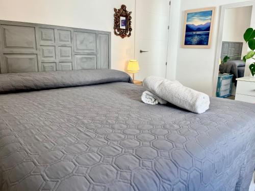 a bedroom with a large bed with a gray comforter at In Love Zamora in Zamora