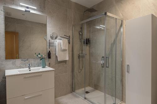 a bathroom with a glass shower and a sink at BNBHolder Apartamentos en Sol Confort 5 in Madrid