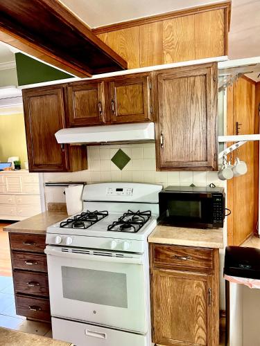 Il comprend une cuisine équipée d'une cuisinière blanche et de placards en bois. dans l'établissement Cozy Entire Apartment in Dallas, à Dallas