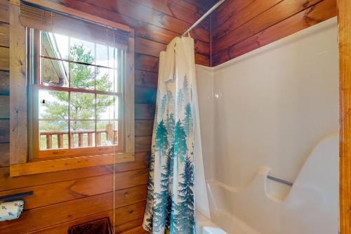baño con cortina de ducha y ventana en The Lodge at Wears Valley, en Sevierville