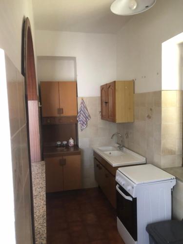 eine kleine Küche mit einer Spüle und einem Herd in der Unterkunft Appartamento Da Monica in Mirto