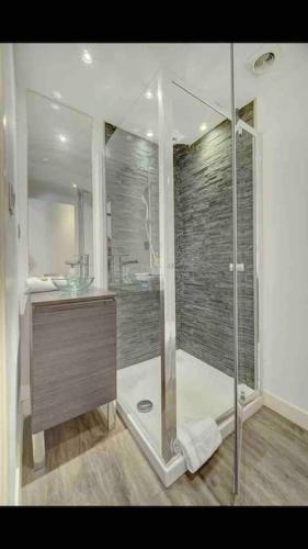 La salle de bains est pourvue d'une douche et d'une cabine de verre. dans l'établissement Le Maria - Cannes - Renovated Feb 2025, à Cannes