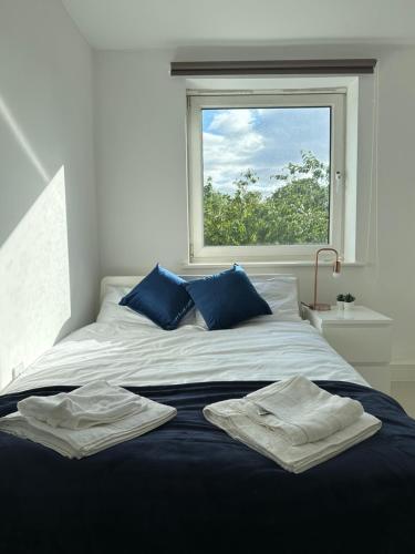 um quarto com uma cama com almofadas azuis e uma janela em 3 Bed Cozy Apartment - next to Leeds City Centre & University em Headingley