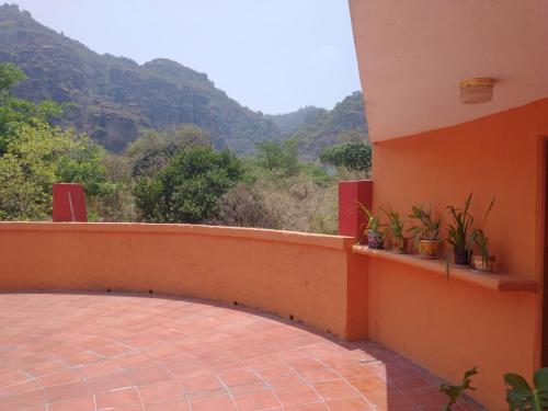 een balkon met planten en uitzicht op de bergen bij El Amate negro in Amatlán