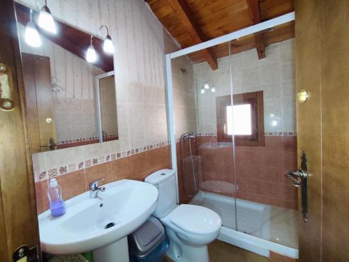 Ένα μπάνιο στο Chalet lujo en finca Zafiro lagunazo Riopar 5 o 3 dormitorios y 3 Baños Parque Natural del Rio Mundo