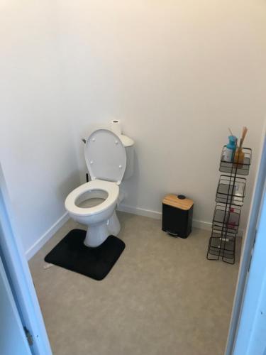 een badkamer met een wit toilet en een zwart tapijt bij T2 de standing proche centre ville in Caen