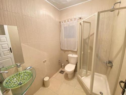 uma casa de banho com um chuveiro, um WC e um lavatório. em قرية البوريڤاچ1 em Fayed