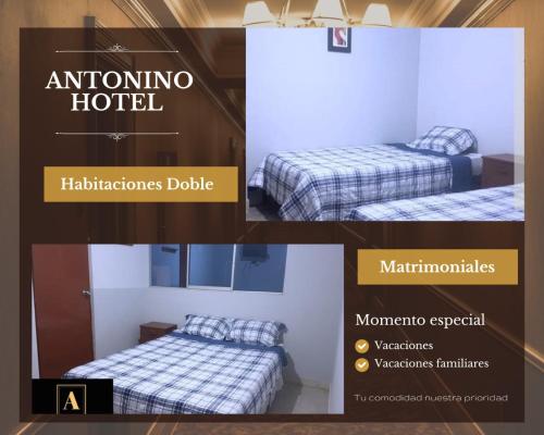 un collage de fotos de un dormitorio con 2 camas en ANTONINO HOTEL, en Chiclayo