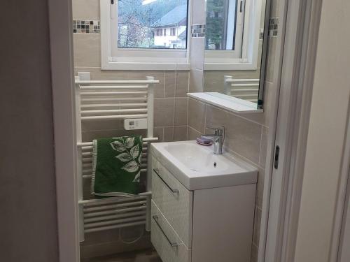 une petite salle de bain avec un lavabo et un miroir dans l'établissement Charmant studio rénové avec balcon, proche navette ski et village, parking privé - 4 pers, Autrans - FR-1-737-8, à Autrans
