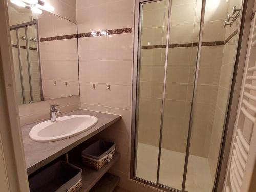 bagno con lavandino e doccia in vetro di Appartement Méaudre, 2 pièces, 5 personnes - FR-1-737-26 a Méaudre