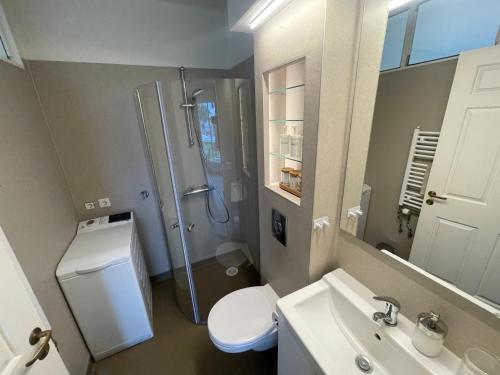 a bathroom with a shower and a toilet and a sink at Cosy Studio Apartment in Hveragerði