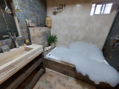 La salle de bains est pourvue d'une baignoire recouverte de neige. dans l'établissement Casa Boutique Buenos Aires, Desayuno y Traslado Gratis Aeropuerto Ezeiza, à Buenos Aires