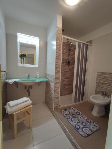 a bathroom with a sink and a toilet and a shower at Amoroso's house, affittacamere in Caramanico Terme