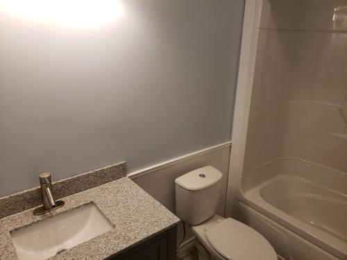 a bathroom with a toilet and a sink and a tub at Millstream Cottages in Brackley Beach