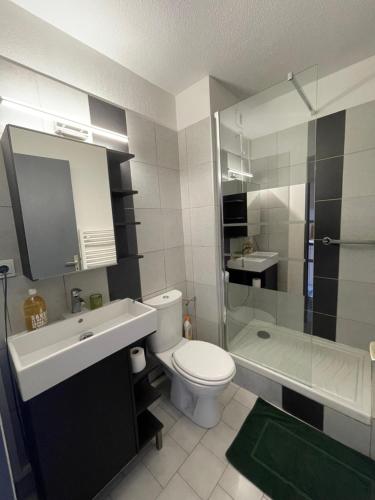 une salle de bain avec toilettes, lavabo et douche dans l'établissement T2 avec piscine 5 mn des plages et village, à Sanary-sur-Mer