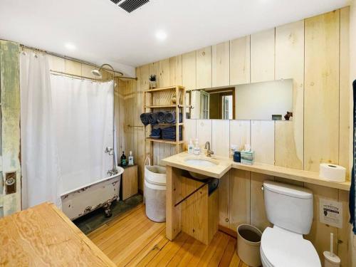 a bathroom with a toilet and a sink and a shower at Breezy Hill 3BR Modern & Quiet Home in Catskills in Accord