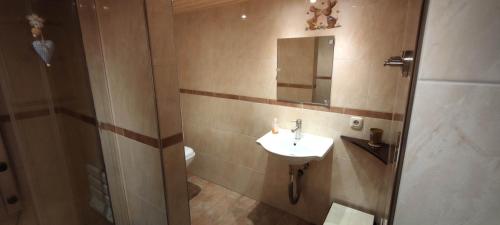 a bathroom with a sink and a mirror at Apartment am Rennsteig, 2 Schlafzimmer in Lauscha - Ernsthal am Rennsteig