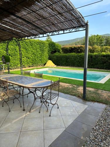 - une table et des chaises sous une pergola à côté de la piscine dans l'établissement Villa individuelle la bastidonne piscine privée, à Auriol
