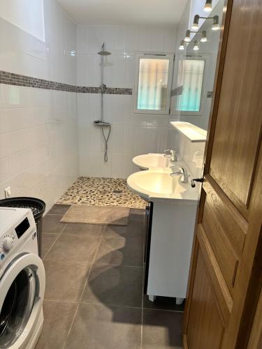 un bagno con lavandino e lavatrice di Villa individuelle la bastidonne piscine privée ad Auriol