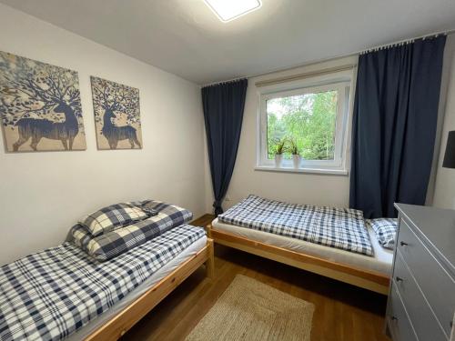 two beds in a room with a window at Domek letniskowy Ocypel in Ocypel
