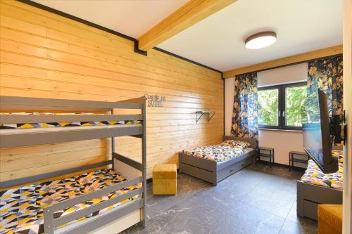 Zimmer mit 2 Etagenbetten und einem TV in der Unterkunft Zielone Domki Morze i Jezioro in Siecino