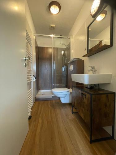 un baño con lavabo e inodoro en Alte Häuslerei, en Boltenhagen