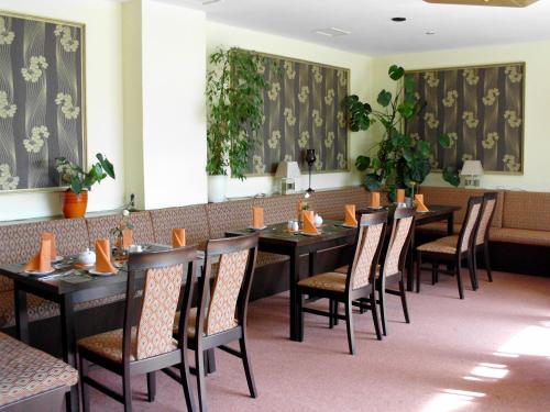 a dining room with tables and chairs and plants at Mucha OHG Hotel Sembziner Hof in Klink