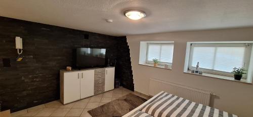 Una sala de estar con televisión y un sofá. en Zimmer im UG direkt in der Innenstadt, Centrum, en Schwerin