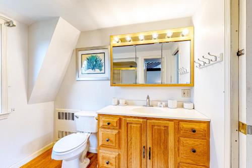 a bathroom with a toilet and a sink and a mirror at The Carriage House at The Garden Estate in West Rutland