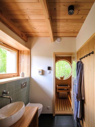 a bathroom with a sink and a toilet and a window at Bird Lodge for 6 guests, 50 m from the lake, sauna, hot tube in Brzozie