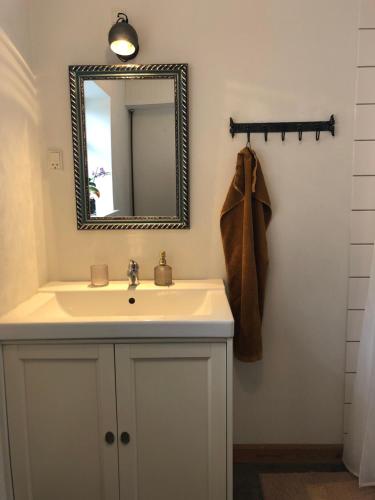 a bathroom with a sink and a mirror at Gården på Bakken in Holme-Olstrup