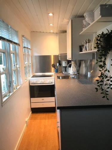 a kitchen with a sink and a stove top oven at Indbydende bed & breakfast med dejlig gårdhave in Randers