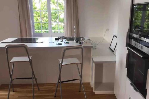 een keuken met 2 krukken en een aanrecht met een wastafel bij bel appartement proche centre parking gratuit in Straatsburg