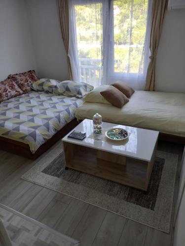 2 Betten und ein Couchtisch in einem Zimmer in der Unterkunft MALA KUCA in Foča