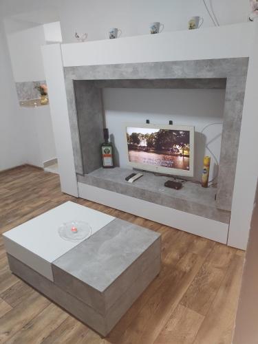 a living room with a fireplace with a tv at Casa Haidu in 2 Mai