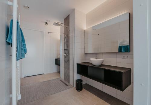 a bathroom with a sink and a shower at Residence Oude Haven in Colijnsplaat