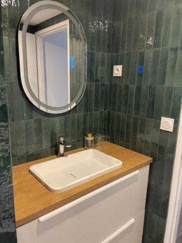 une salle de bain avec un lavabo et un miroir dans l'établissement L appartement Sète Magnifique duplex climatisé, à Sète