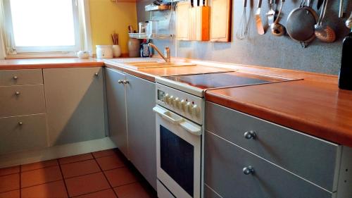 a kitchen with a stove and a sink at Gemütliches Privatzimmer in Schömberg