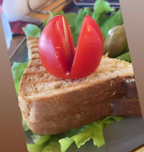 a sandwich with two tomatoes on top of it at Rezidenca SHOPI Apartments in Elbasan