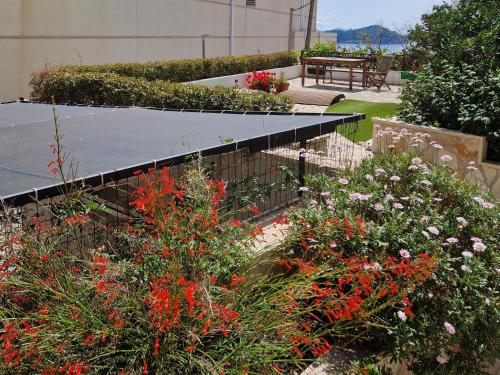 a garden with red flowers and a tennis court at Bel Posto Apartment in Dubrovnik