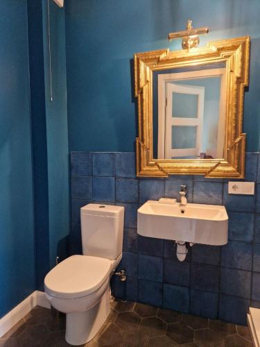 a bathroom with a toilet and a sink and a mirror at Zalves House in Riga