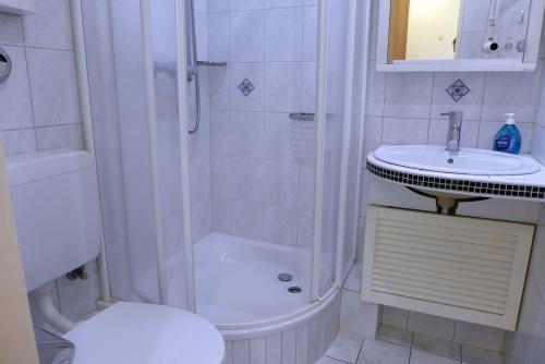 Un baño con ducha, inodoro y lavabo. en Tief 10 Seenebel mit Internet 303, en Wangerland